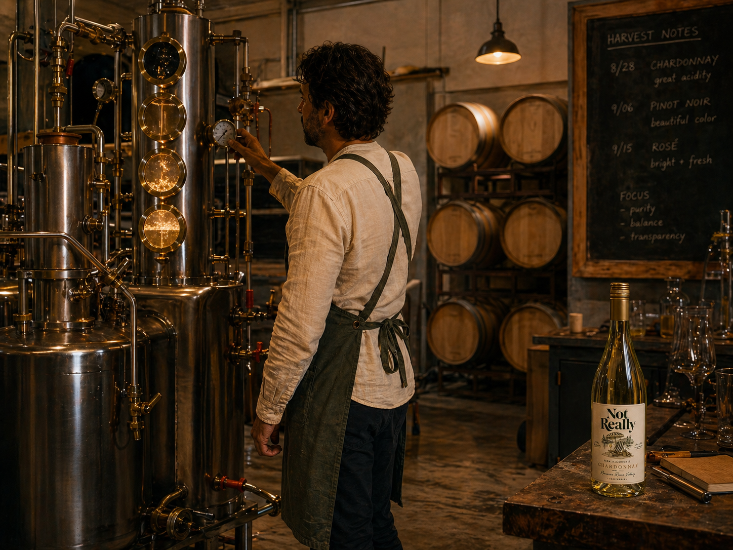The vacuum distillation rig at the Healdsburg cellar