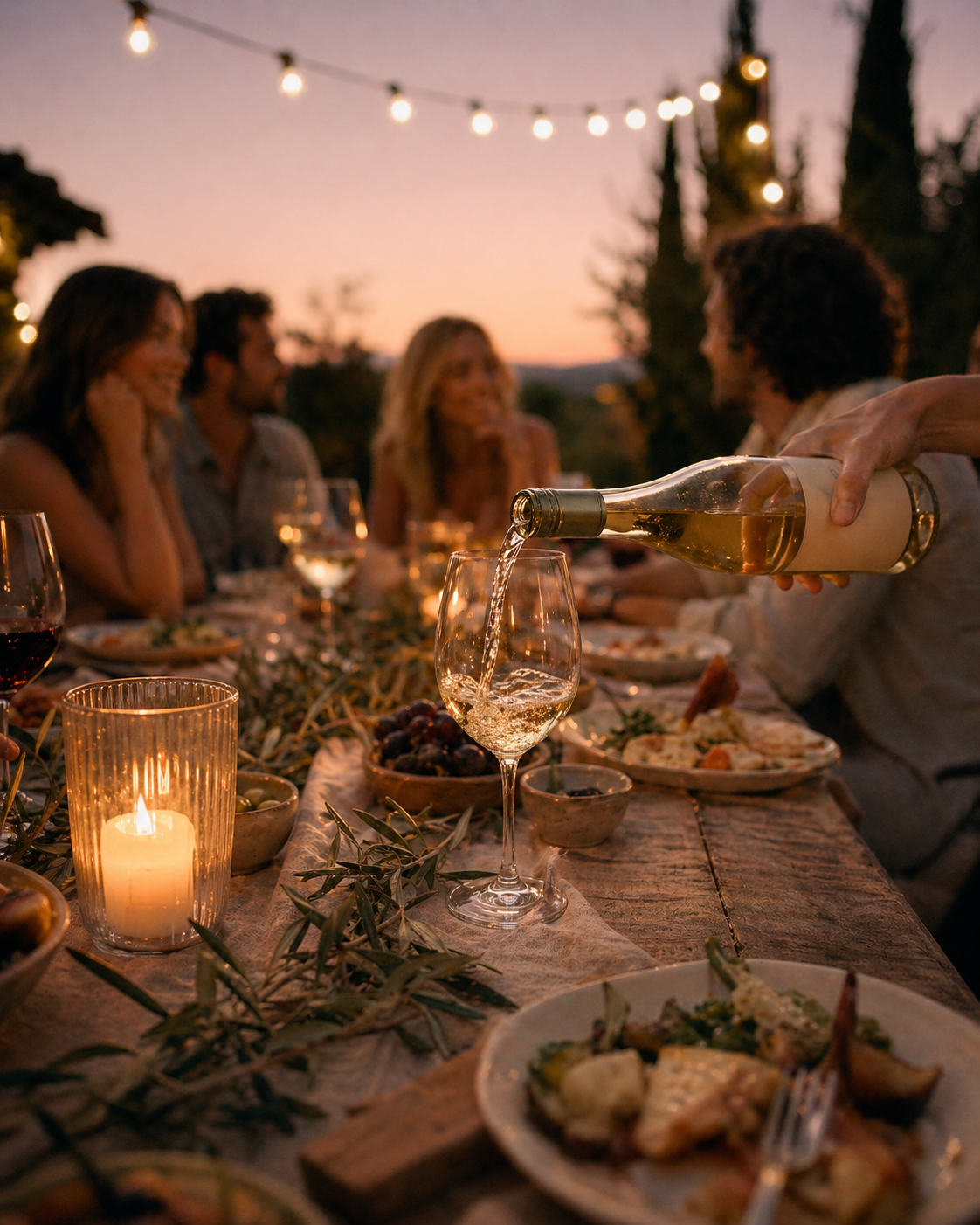 Long lunch fading into evening, candles lit, wine being poured